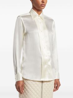 Elegant Pleated Silk Blouse, Elegant Silk Pleated Blouse, Formal Pleated Silk Blouse, White Silk Blouse With Spread Collar, Elegant Silk Shirt With Fold-down Collar, Elegant Silk Shirt With Fold Down Collar, Elegant Pleated Silk Tops, White Silk Top For Semi-formal Occasions, Classic White Silk Shirt