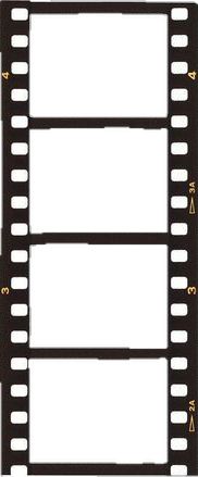 a black film strip with gold trimmings on the edges and two white squares