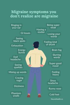 Migraine has many unexpected symptoms beyond traditional throbbing head pain.  In fact, 90% of people who think they have sinus headaches actually have migraine.  Other unexpected symptoms can be due to central and autonomic nervous system dysfunction. Always discuss new symptoms with your provider to ensure it's a migraine, not something else, like a sinus infection, seizure, TIA or other neurological condition. Pressure Points For Headaches Migraine, Migraines With Aura, Migraine Symptoms Signs, Period Migraine, Migraine Stages, Migraine Types, How To Stop Migraines, Silent Migraine