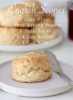 english scones on a plate next to a cup of tea and some biscuits with text overlay