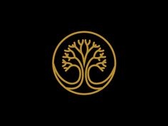 a golden tree logo on a black background