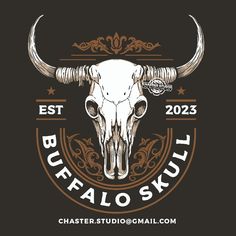 a bull skull with long horns on it's head and the words buffalo skull