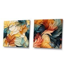 two canvases with colorful leaves on them