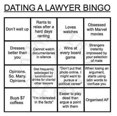 a game board with words and pictures on it that say dating a lawer bingo