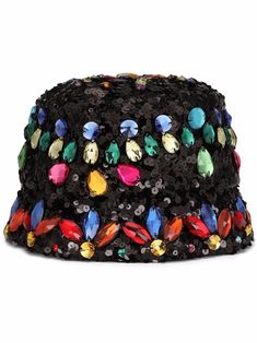 Black/multicolour sequinned gemstone-embellished bucket hat from DOLCE & GABBANA featuring sequin embellishment, gemstone detailing and dropped narrow brim. Opulent Aesthetic, Dope Hats, Embellishment Details, Bucket Hat Black, Diy Hat, Dolce And Gabbana Man, Hat Making, Hat Pattern