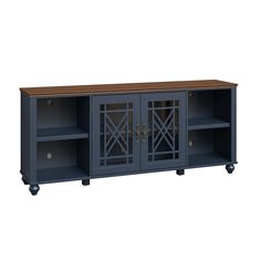 a blue entertainment center with two doors and three shelves on casteors to the sides