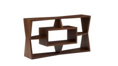 a wooden shelf with three cubes on it's sides and one is open