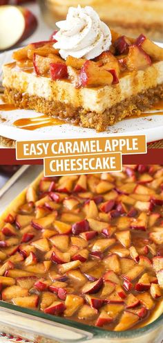 This Easy Caramel Apple Cheesecake recipe is perfect for Fall baking! Made with cinnamon cheesecake and homemade caramel apple topping, it’s a heavenly recipe full of Autumn flavors! Fall Snacks And Desserts, Apple Pumpkin Cheesecake, Baking Recipes Fall Desserts, Fall Apple Baked Goods, Fall Holiday Baking, Easy Yummy Fall Desserts, Autumn Deserts Fall Desserts, Fall Harvest Desserts, Good Fall Meals