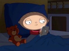 an animated image of a boy in bed with a teddy bear looking at his cell phone