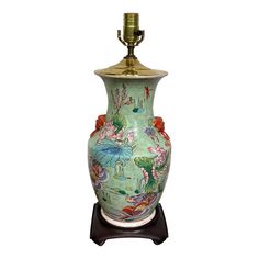 Chinese hand-painted lamp with attractive Chinese-red foo dog ears, frolicking ducks and birds, Lilly pads, kingfisher and butterflies.  Wood base. Painted Lamp, Pink Table Lamp, Dog Ears, Painting Lamps, Pink Table, Foo Dog, Dog Ear, Painted Table, Kingfisher