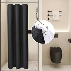 a black shower curtain next to a white toilet