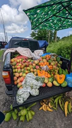 a truck filled with lots of fruits and vegetables on the back of it's bed