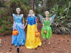 three skeletons dressed in halloween costumes with pumpkins and jack - o'- lanterns