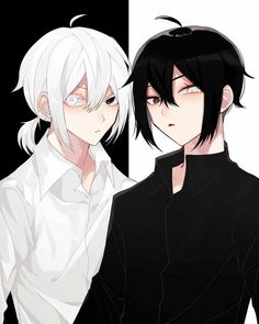 two anime guys with black hair and white hair, one is looking at the camera