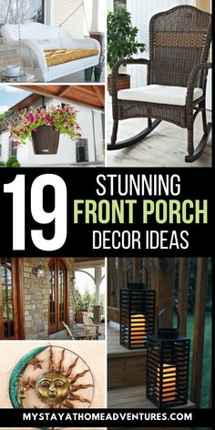 the front porch is decorated with outdoor furniture and decor