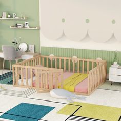 Wood Full Size Floor Bed Frame With Fence And Door Full Size Floor Bed, Space Montessori, Bedroom Diy Projects, Rocking Bed, Sisters Room, Trundle Bed With Storage, Boys Bed, Montessori Floor Bed, Toddler Floor Bed