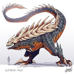 a drawing of a dragon with orange and black feathers on it's back legs