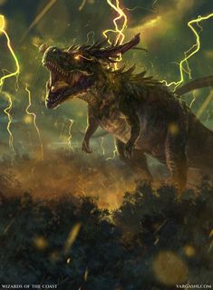 a dinosaur that is standing in the grass with lightning coming from its back and it's mouth open