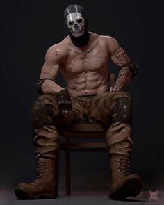 a man sitting on top of a wooden chair wearing boots and a face paint mask