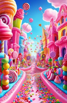 a painting of candy land with lots of colorful candies and lollipops