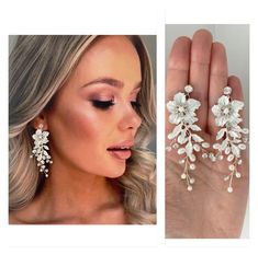 a woman wearing earrings with flowers and pearls on the side, next to an image of her hand