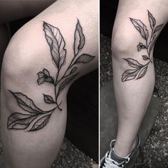 two pictures of the same person's legs with leaves on them and one is showing off