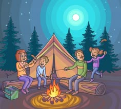 three people sitting around a campfire in front of a tent at night - people characters