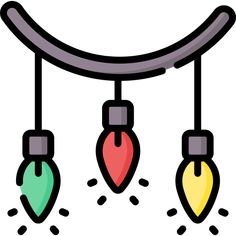 three colored lights hanging from a metal bar with two strings attached to the end, and one