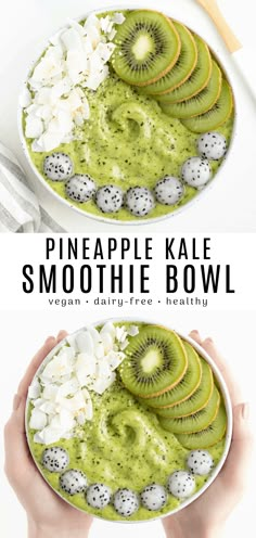 a bowl filled with green smoothie and sliced kiwis on top of it