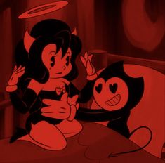 two cartoon characters sitting on a bed with one holding the other's hand up