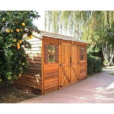 an orange tree is next to a small wooden shed with doors and windows on the side