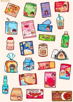 an assortment of food and drinks on a white background with the words hello kitty written in spanish