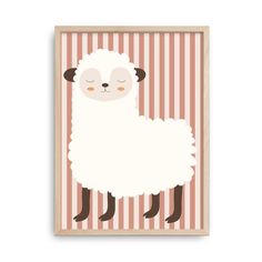 a white sheep is standing in front of a striped background