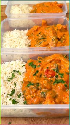 three plastic containers filled with rice and vegetables