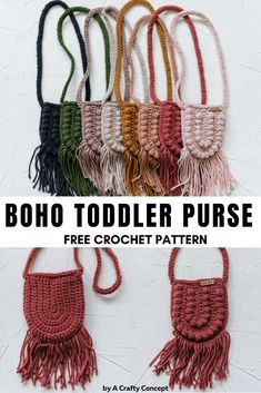 the free crochet pattern for boho toddler purse is available in multiple colors