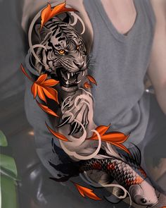 a man with a tiger and fish tattoo on his arm