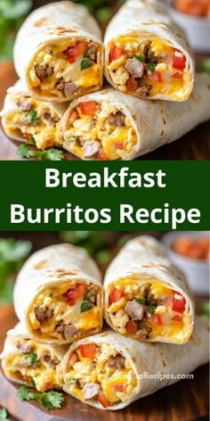 breakfast burritos are stacked on top of each other and ready to be eaten