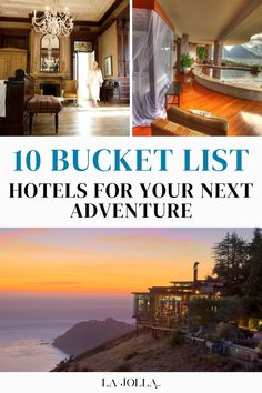 A collage showcasing luxurious hotel interiors and breathtaking scenic views from a cliffside resort. Best Hotels In The World, Bucket List Hotels, La Jolla, Hotels And Resorts, Sanders, Best Hotels