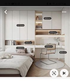 an image of a bedroom with measurements for the bed and closets on it's sides