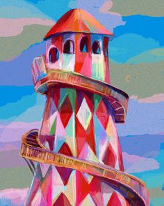 an artistic painting of a colorful lighthouse