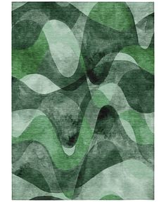 an abstract green rug with wavy shapes on the top and bottom, in various shades