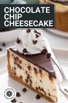 a slice of chocolate chip cheesecake on a plate