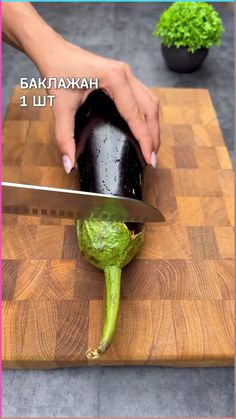 a person cutting up an eggplant on a wooden cutting board with a knife