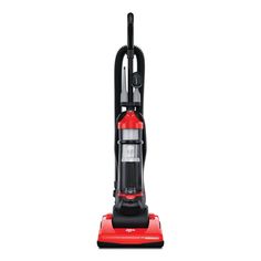 a red and black vacuum cleaner on a white background