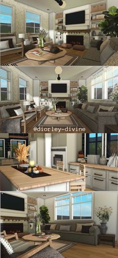 three different views of a kitchen and living room