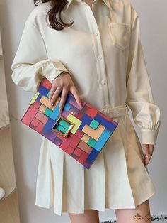 Bird in Bag - Geometric Multicolored PU Leather Clutch Envelope Rhinestone Bag, Envelope Handbag, Chain Pattern, Travel Bags For Women, Envelope Bag, Bird In Bag, Kids Beachwear, Style Elegant, Leather Clutch