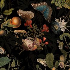 a painting of flowers and butterflies on a black background with green leaves, oranges, and other plants