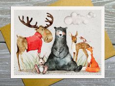 a card with some animals and a sign on it