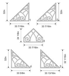 three different angles and measurements for an ornamental design