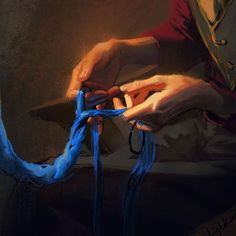 a painting of a person holding something in their hands and tying it with blue yarn